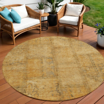8' Peach Gray And Charcoal Round Patchwork Washable Indoor Outdoor Area Rug