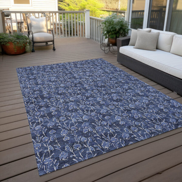 10' X 14' Navy Blue Denim Blue And Ivory Floral Washable Indoor Outdoor Area Rug