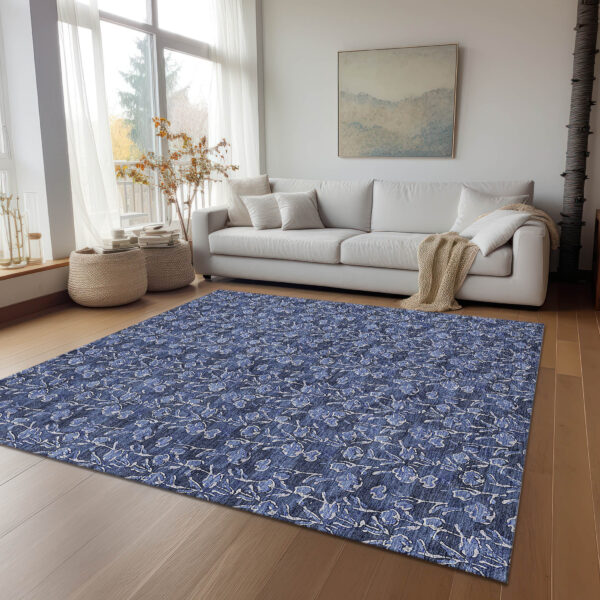 10' X 14' Navy Blue Denim Blue And Ivory Floral Washable Indoor Outdoor Area Rug