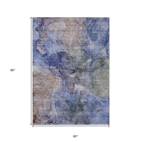 5' X 8' Navy Blue And Beige Abstract Washable Indoor Outdoor Area Rug