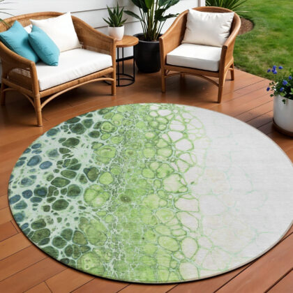 8' Green And Mint Green Round Abstract Washable Indoor Outdoor Area Rug