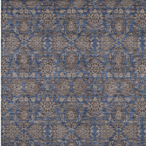 5' X 8' Navy Blue Beige And Taupe Floral Washable Indoor Outdoor Area Rug