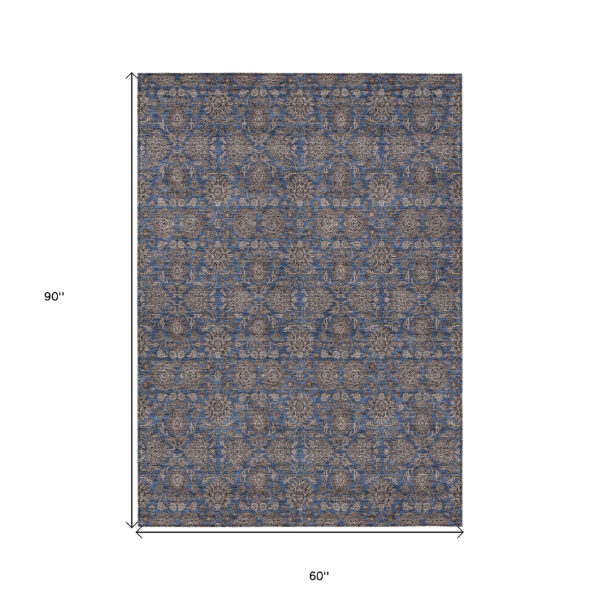 5' X 8' Navy Blue Beige And Taupe Floral Washable Indoor Outdoor Area Rug