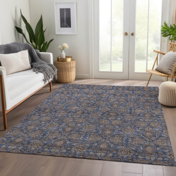 5' X 8' Navy Blue Beige And Taupe Floral Washable Indoor Outdoor Area Rug