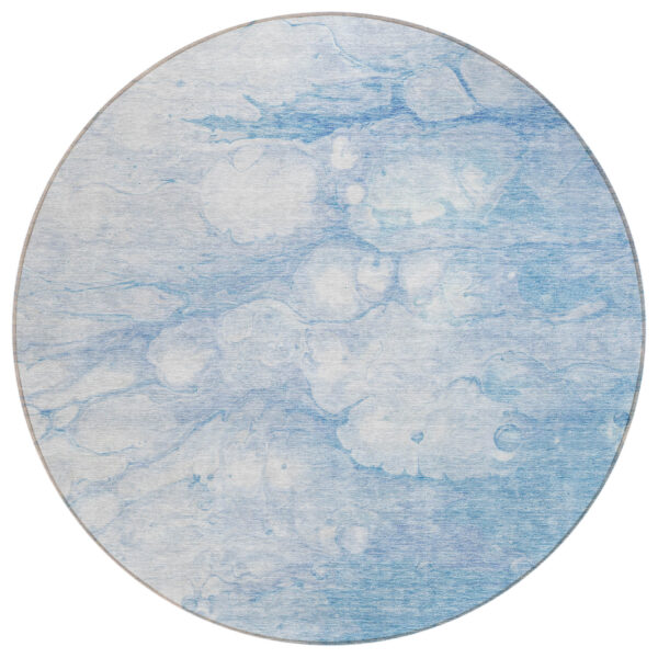 8' Sky Blue Denim Blue And Silver Round Abstract Washable Indoor Outdoor Area Rug