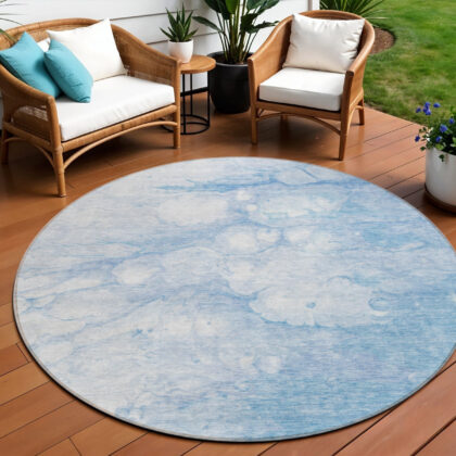 8' Sky Blue Denim Blue And Silver Round Abstract Washable Indoor Outdoor Area Rug
