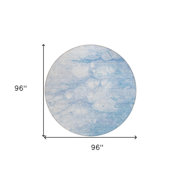 8' Sky Blue Denim Blue And Silver Round Abstract Washable Indoor Outdoor Area Rug