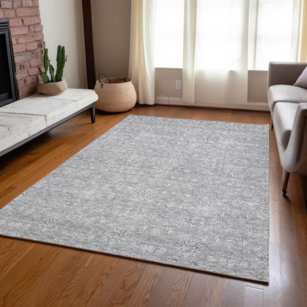 3' X 5' Gray Silver And Ivory Floral Washable Indoor Outdoor Area Rug