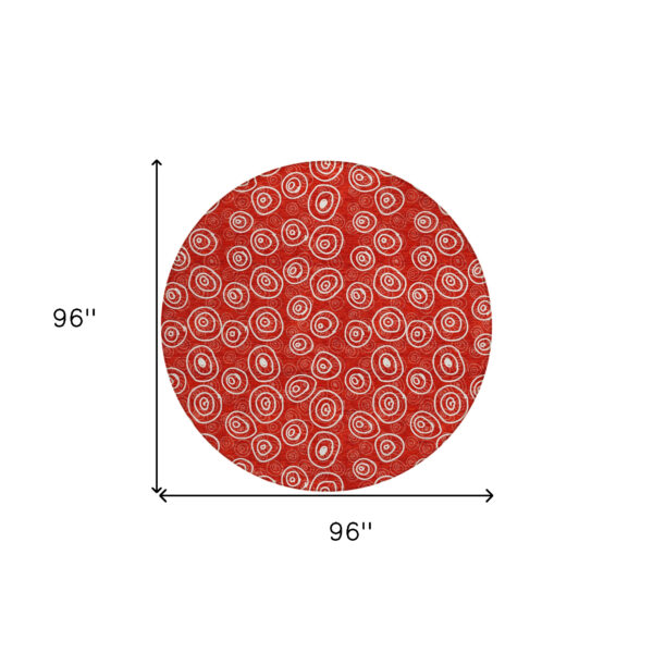 8' Red And Ivory Round Geometric Washable Indoor Outdoor Area Rug