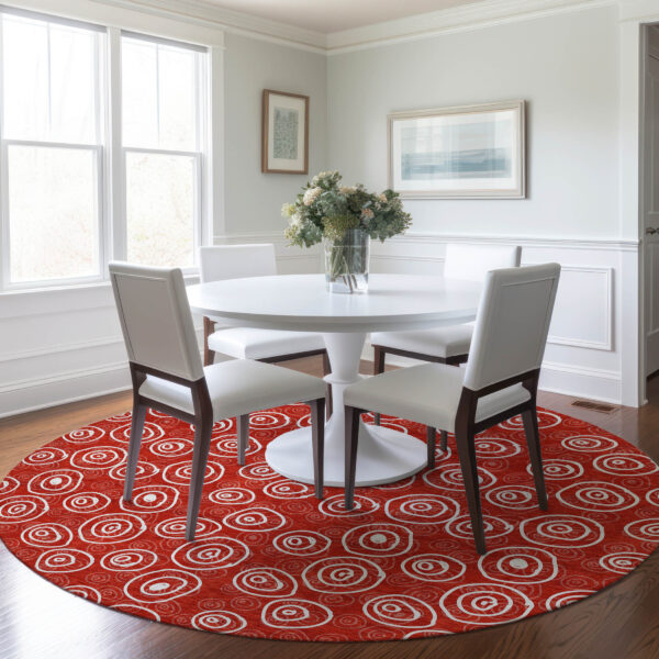 8' Red And Ivory Round Geometric Washable Indoor Outdoor Area Rug