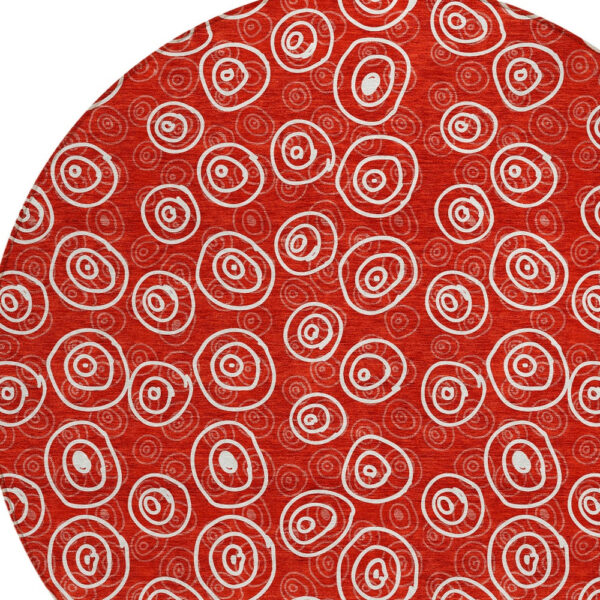 8' Red And Ivory Round Geometric Washable Indoor Outdoor Area Rug