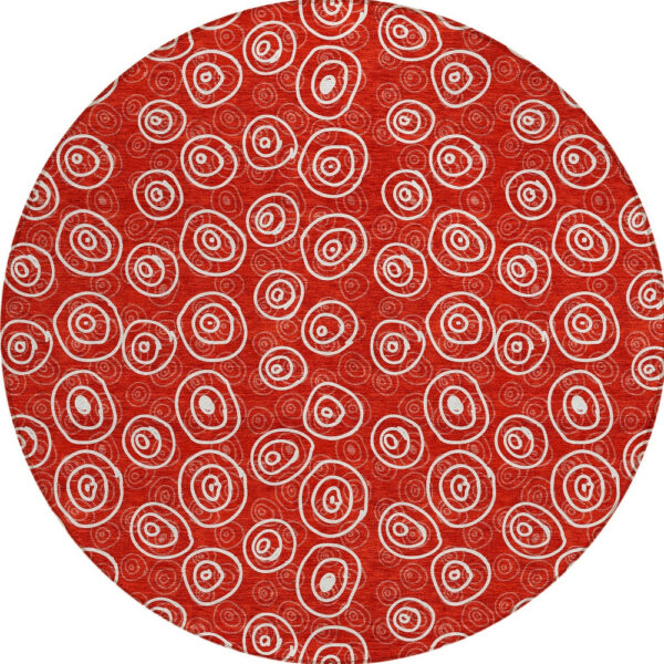 8' Red And Ivory Round Geometric Washable Indoor Outdoor Area Rug