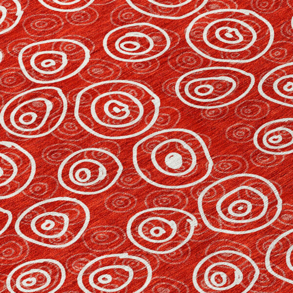 8' Red And Ivory Round Geometric Washable Indoor Outdoor Area Rug
