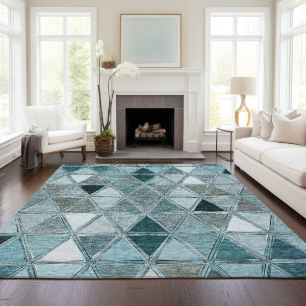 3' X 5' Teal Blue Aqua And Gray Geometric Washable Indoor Outdoor Area Rug