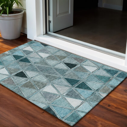 3' X 5' Teal Blue Aqua And Gray Geometric Washable Indoor Outdoor Area Rug