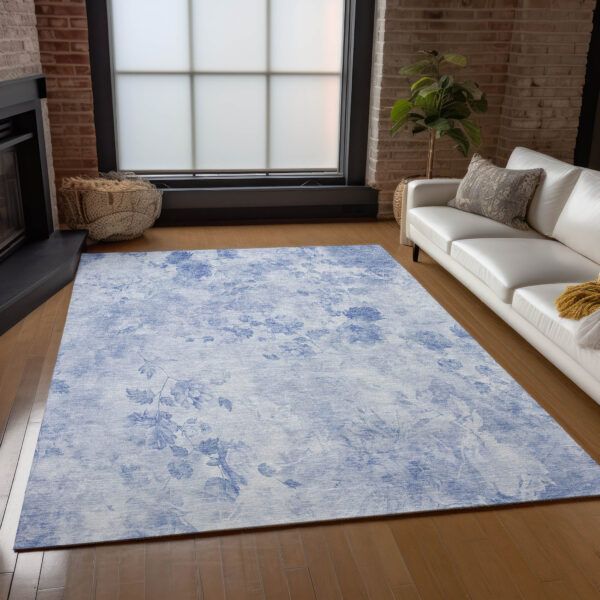 9' X 12' Sky Blue And Denim Blue Floral Washable Indoor Outdoor Area Rug