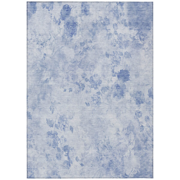 9' X 12' Sky Blue And Denim Blue Floral Washable Indoor Outdoor Area Rug