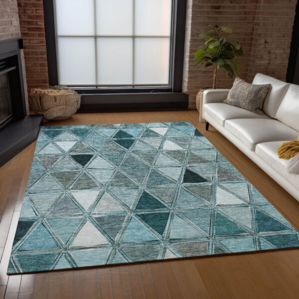 8' X 10' Teal Blue Aqua And Gray Geometric Washable Indoor Outdoor Area Rug