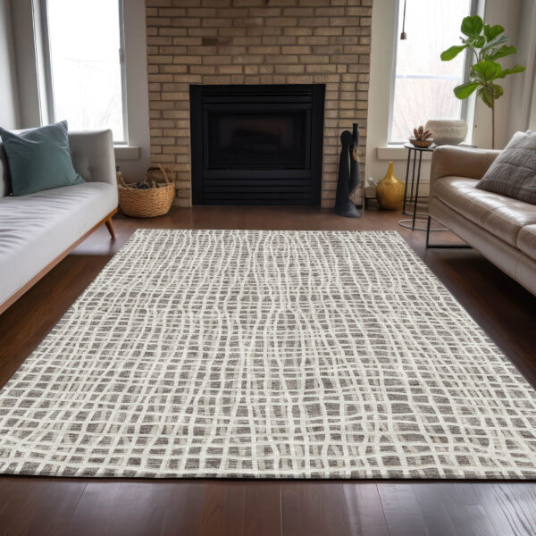 9' X 12' Taupe And Beige Striped Washable Indoor Outdoor Area Rug