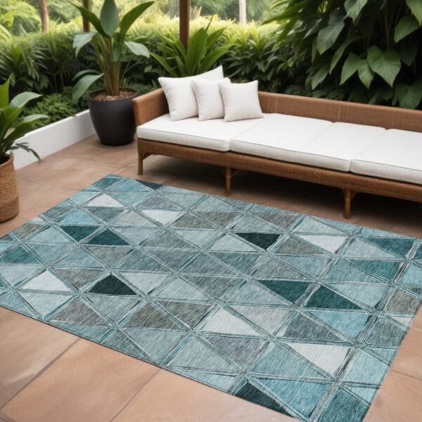 9' X 12' Teal Blue Aqua And Gray Geometric Washable Indoor Outdoor Area Rug
