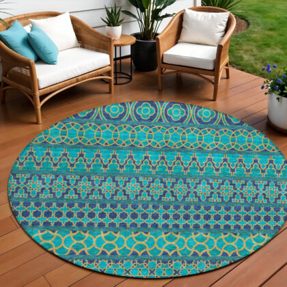 8' Teal Blue And Navy Blue Round Quatrefoil Washable Indoor Outdoor Area Rug