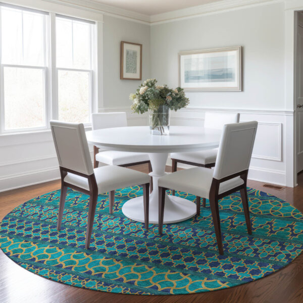 8' Teal Blue And Navy Blue Round Quatrefoil Washable Indoor Outdoor Area Rug