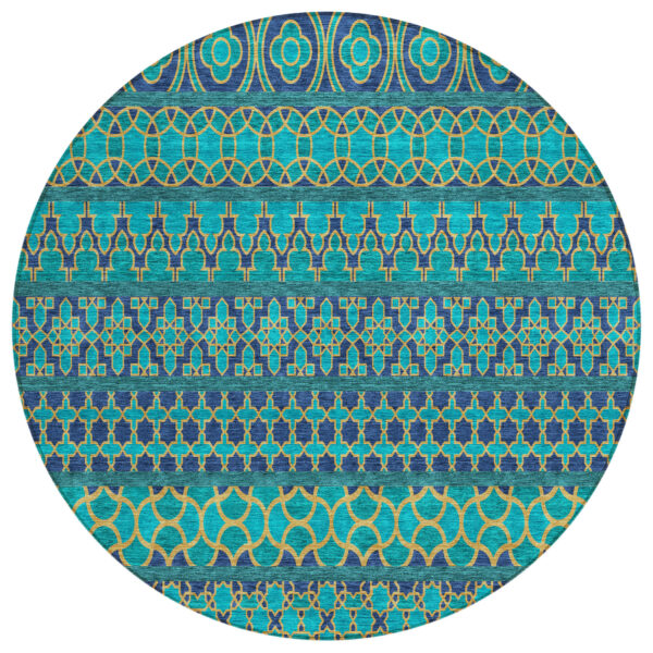 8' Teal Blue And Navy Blue Round Quatrefoil Washable Indoor Outdoor Area Rug