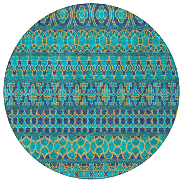 8' Teal Blue And Navy Blue Round Quatrefoil Washable Indoor Outdoor Area Rug