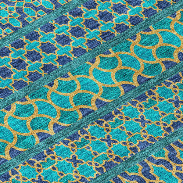 8' Teal Blue And Navy Blue Round Quatrefoil Washable Indoor Outdoor Area Rug