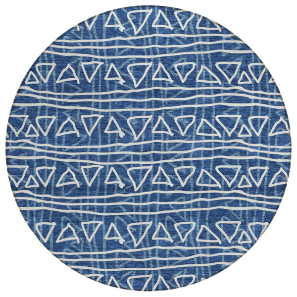 8' Navy Blue And Ivory Round Geometric Washable Indoor Outdoor Area Rug