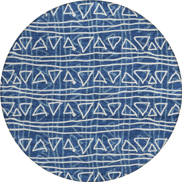 8' Navy Blue And Ivory Round Geometric Washable Indoor Outdoor Area Rug