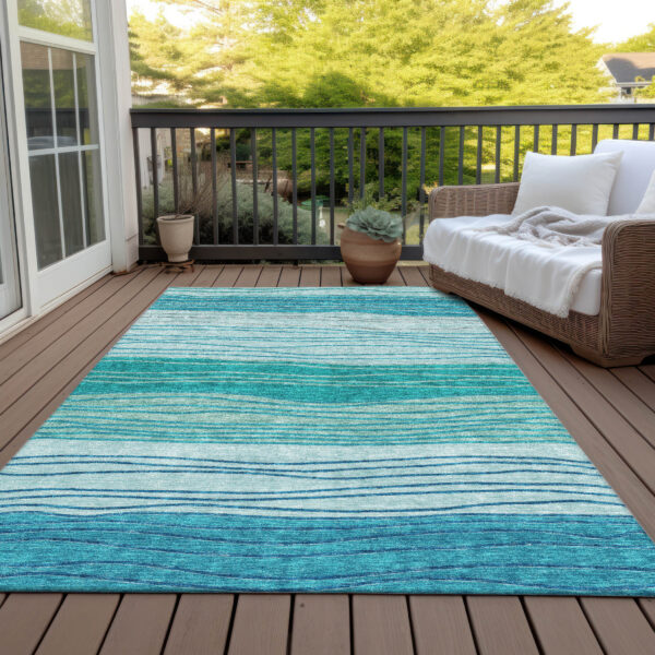 10' X 14' Sky Blue Teal Blue And Aqua Striped Washable Indoor Outdoor Area Rug