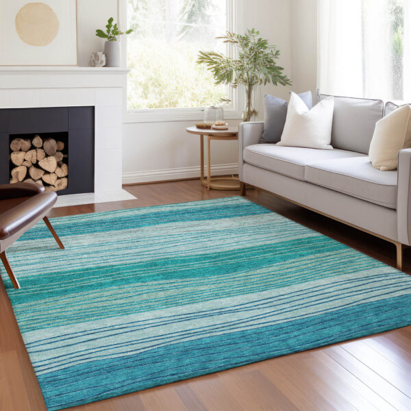 10' X 14' Sky Blue Teal Blue And Aqua Striped Washable Indoor Outdoor Area Rug