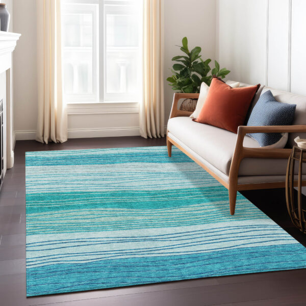 10' X 14' Sky Blue Teal Blue And Aqua Striped Washable Indoor Outdoor Area Rug