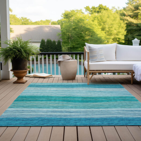 10' X 14' Sky Blue Teal Blue And Aqua Striped Washable Indoor Outdoor Area Rug