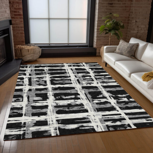 5' X 8' Black Gray And Silver Striped Washable Indoor Outdoor Area Rug