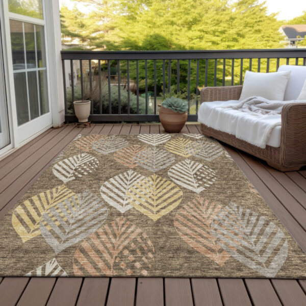 9' X 12' Chocolate Beige And Gray Floral Washable Indoor Outdoor Area Rug