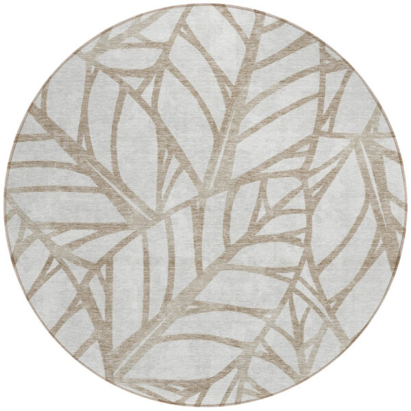 8' Beige And Brown Round Floral Washable Indoor Outdoor Area Rug