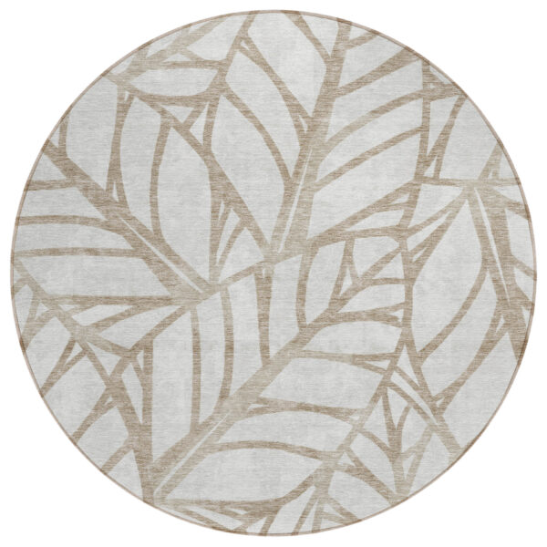 8' Beige And Brown Round Floral Washable Indoor Outdoor Area Rug