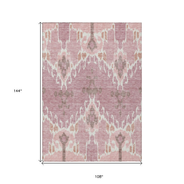 9' X 12' Blush Pink And Ivory Ikat Washable Indoor Outdoor Area Rug