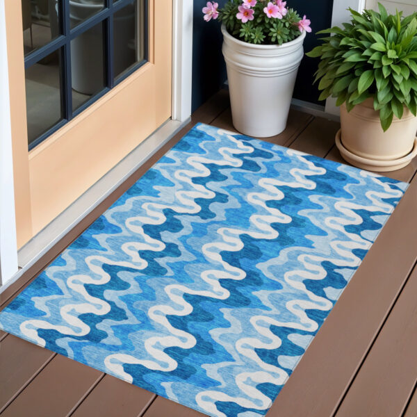 3' X 5' Sky Blue Denim Blue And Ivory Abstract Washable Indoor Outdoor Area Rug