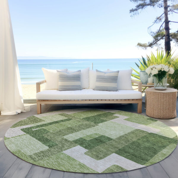 8' Artichoke Green And Ivory Round Abstract Washable Indoor Outdoor Area Rug