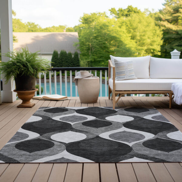 10' X 14' Black Silver And Charcoal Ogee Washable Indoor Outdoor Area Rug