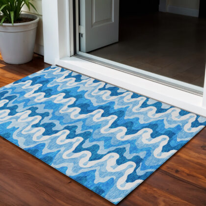 3' X 5' Sky Blue Denim Blue And Ivory Abstract Washable Indoor Outdoor Area Rug