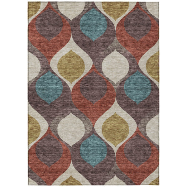 5' X 8' Brown Taupe And Teal Blue Ogee Washable Indoor Outdoor Area Rug