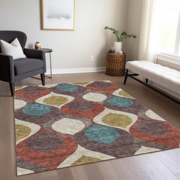 5' X 8' Brown Taupe And Teal Blue Ogee Washable Indoor Outdoor Area Rug
