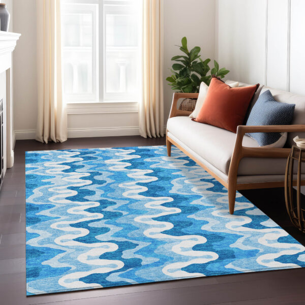 3' X 5' Sky Blue Denim Blue And Ivory Abstract Washable Indoor Outdoor Area Rug