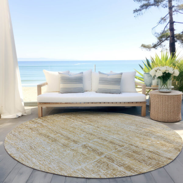 8' Gold Beige And Wheat Round Abstract Washable Indoor Outdoor Area Rug