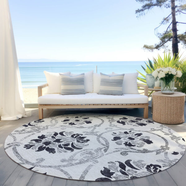 8' Black Silver And Charcoal Round Floral Washable Indoor Outdoor Area Rug