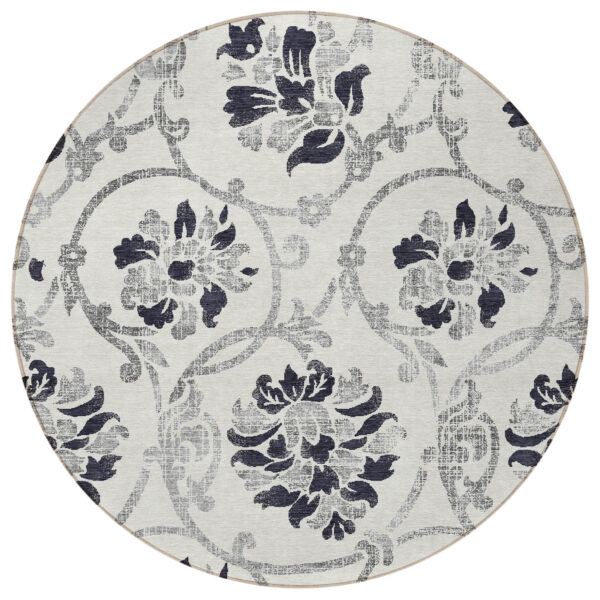 8' Black Silver And Charcoal Round Floral Washable Indoor Outdoor Area Rug
